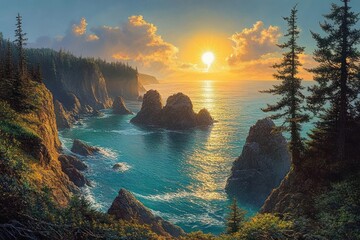 Sunset over rugged ocean cliffs with tall pine trees and rocky formations emerging from turquoise waters under partly cloudy sky