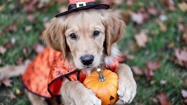 Adorable Golden Retriever Puppy Dressed for Halloween.