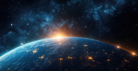 View of Earth from space with city lights glowing on the dark surface and the sun rising beyond the horizon against a backdrop of stars and nebulae