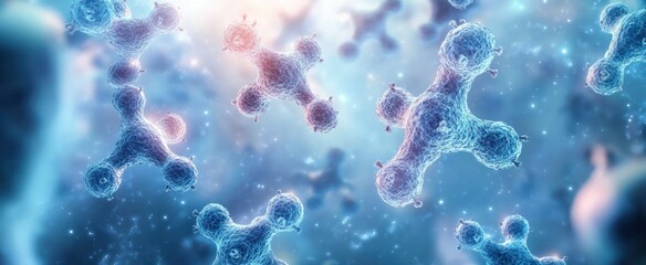 Close-up view of spherical molecular structures in a microscopic blue environment with glowing particles and a soft light effect