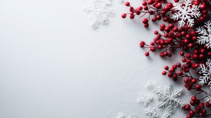 Festive Red Berries White Snowflakes Holiday Decoration on White Background