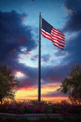 American flag waving on a tall flagpole against a dramatic sunset sky with dark clouds and colorful orange and purple hues, surrounded by trees and vibrant flowers