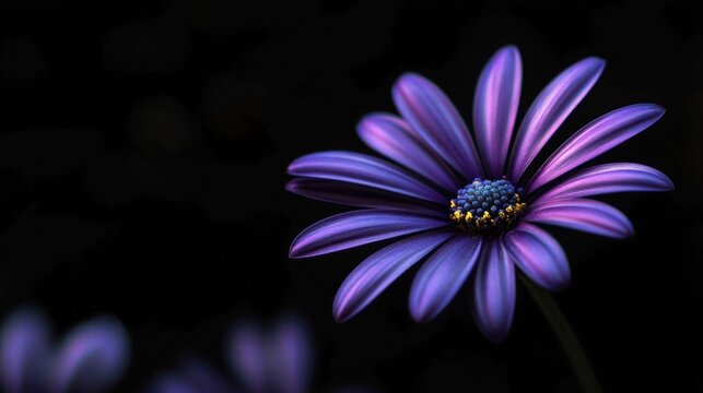 Close-up of a vibrant purple daisy flower with a dark background highlighting its delicate petals and central blue and yellow disk florets - Powered by Adobe