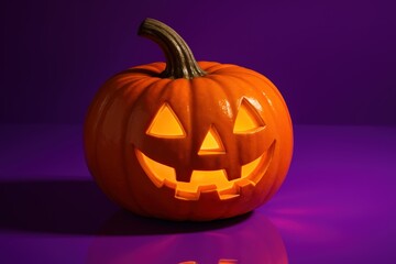Glowing jack o lantern on purple background. Use for Halloween posters, spooky social media ads, festive event invitations, and seasonal marketing campaigns.

