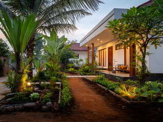 Fototapeta premium House with Lush Tropical Garden and Pathway