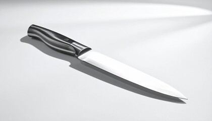 Obraz premium A sharp stainless steel knife on a white surface, photographed with a dramatic side angle and strong shadows.