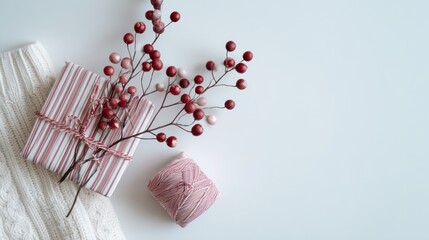 Festive Red Berries with Wrapped Gifts on Cozy Knitted Blanket in Minimalist Style
