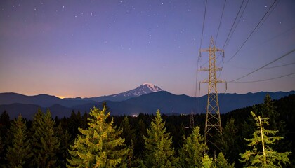 Nighttime view of a snow-capped mountain behind a powerline and evergreen trees