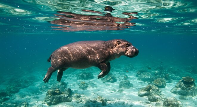 A serene underwater view of a pygmy hippopotamus gracefully swimming through clear waters