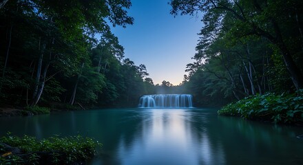 A serene waterfall cascades into a calm pool surrounded by lush green trees under a twilight sky.