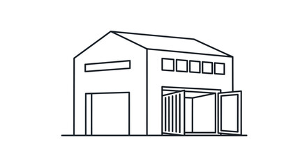 Line art illustration of a warehouse building with open loading dock doors.