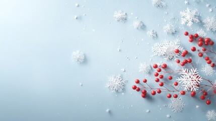 Festive Red Berry and Snowflake Decorations on Light Blue Background for Holiday Seasonal Design