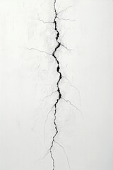 Fototapeta premium Vertical crack running through a white textured wall with thin, branching fissures spreading outward