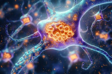 Detailed 3D rendered image of nerve cells with glowing amyloid plaques indicating neural activity or neurodegeneration