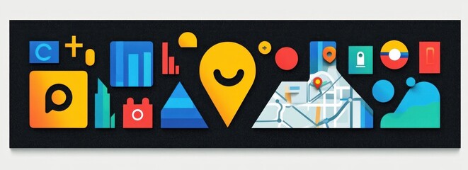 Colorful digital icons on a black background representing maps, charts, location pins, and data visualization elements in a modern, abstract style