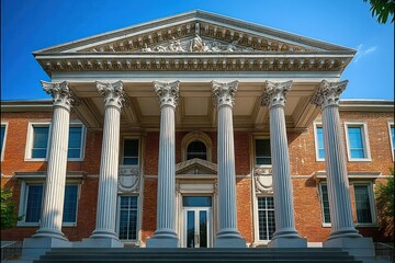 Fototapeta premium Classical brick building with six tall Corinthian columns, decorative pediment, and clear blue sky, exuding grandeur and historic elegance