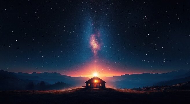 A cozy cabin glowing warmly at night under a star-filled sky with the Milky Way visible above and distant mountain silhouettes on the horizon - Powered by Adobe