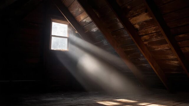 Sunlight streaming through window in dark, rustic attic interior space