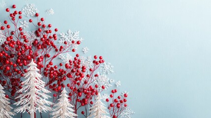 Festive Red Berry and White Snowflake Decoration Against Light Blue Background