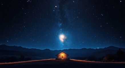 Isolated cabin glowing warmly under a vast starry night sky with the bright Milky Way and mountain silhouettes in the background