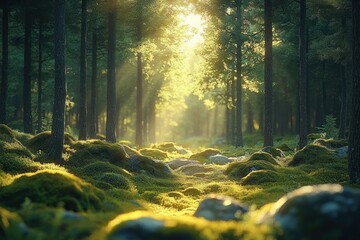 Sunlight filtering through dense forest trees illuminating moss-covered forest floor and rocks, creating a peaceful and enchanting atmosphere