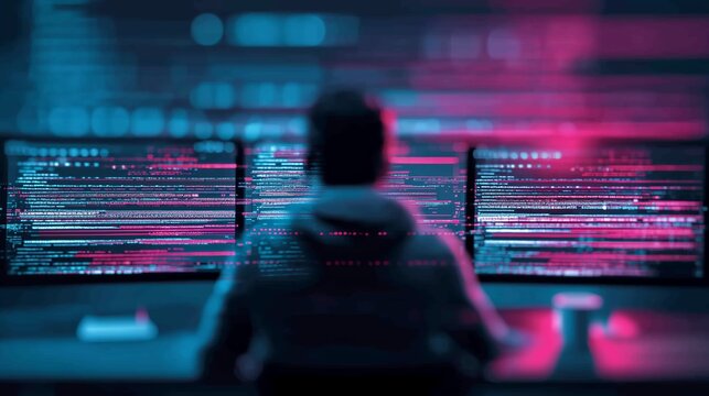 Cybersecurity expert coding on multiple screens at night