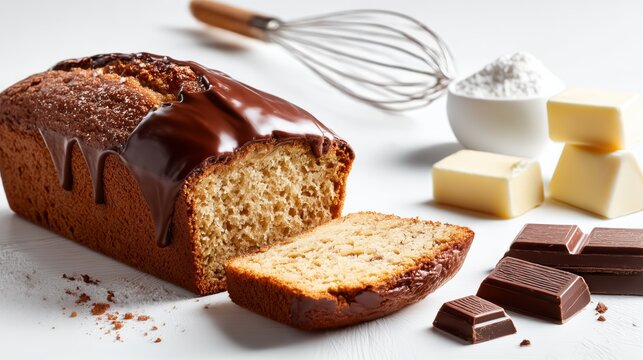 Moist chocolate-glazed pound cake with ingredients