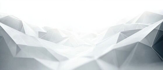 Abstract geometric landscape of sharp, angular, white and gray polygonal shapes resembling mountains under bright white light