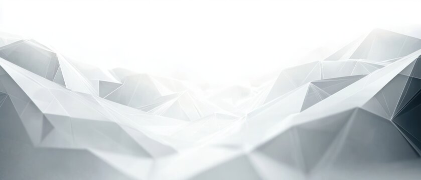 Abstract geometric landscape of sharp, angular, white and gray polygonal shapes resembling mountains under bright white light