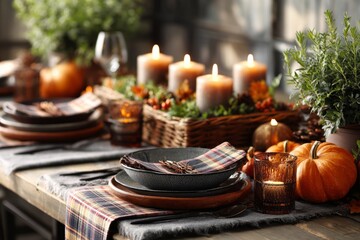 Naklejka premium Cozy autumn table setting with pumpkins, candles, and rustic plaid napkins. Thanksgiving dinner table with fall-themed centerpiece, candles, pumpkins. Concept of cozy seasonal celebration