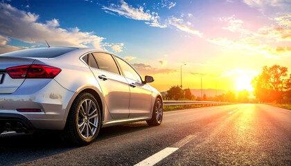 Silver car driving on a scenic road at sunset