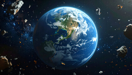 Obraz premium Stunning digital illustration of Earth surrounded by asteroids space, showcasing beauty of our