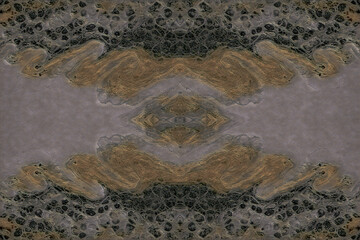 Kaleidoscopic symmetrical abstract of a natural mineral formation with flowing golden veins and dark grey speckled patterns for a unique background