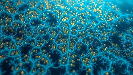 A macro view of an underwater microbial mat as a glowing, electric-blue mycelial network.