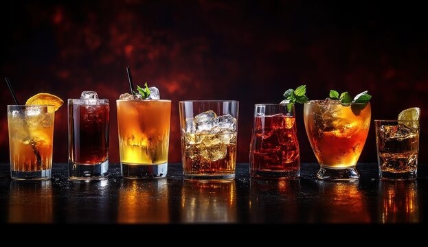 A row of seven colorful cocktails and mixed drinks in various glasses with ice cubes, garnished with mint, orange slice, and lime wedge on a reflective surface with a dark blurred background