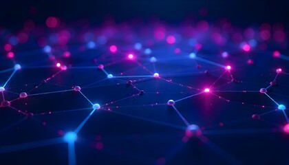 Abstract technology background with interconnected hexagonal shapes and neon light effects in purple and blue tones, 