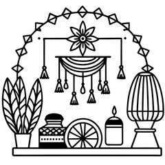 Boho Interior Decor Line Art Vector Minimalist Bohemian Home Elements Illustration