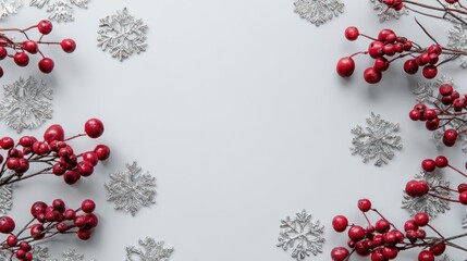 Festive Red Berry Branches and Silver Snowflakes on Light Background for Holiday Decorations