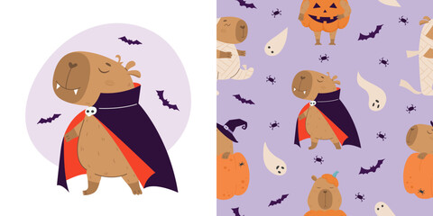 Seamless pattern with funny halloween capybaras