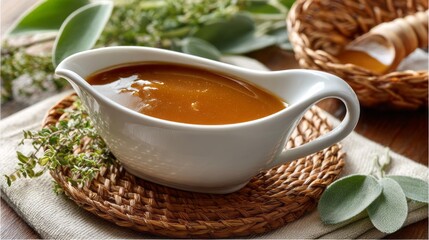 Fresh homemade gravy with rosemary in white sauce boat on rustic wooden table. Homemade Gravy in a Sauce Boat