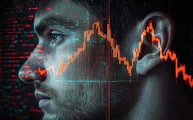 Close-up profile of a man with digital stock market graphs and data overlaid highlighting intense focus and analysis
