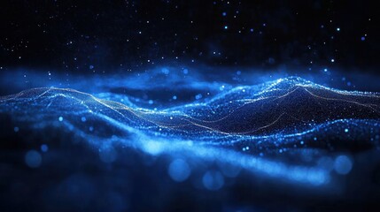Abstract digital landscape of glowing blue particles forming wave-like structures against a dark background evoking a futuristic and serene atmosphere