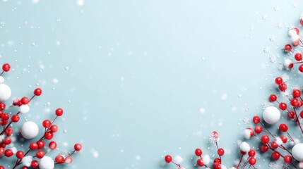 Festive Red Berry Branches with Snow Balls and Snowflakes on Light Blue Background