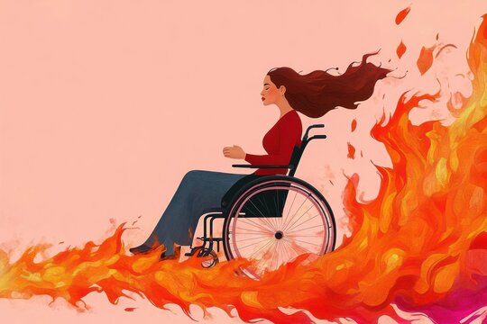 Side view of a confident woman with flowing hair sitting in a wheelchair surrounded by dynamic flames and fiery motion against a soft pink background