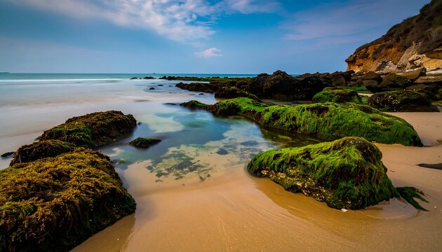 Serene beach scene with rocky shore and tide pools