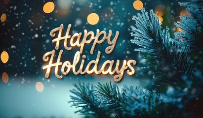Festive winter scene with golden Happy Holidays text glowing amid softly falling snow and frosted pine branches under warm blurred lights