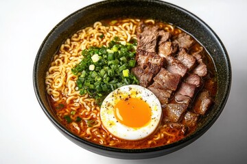 Bowl of spicy ramen noodles topped with chopped green onions, slices of grilled beef, and a halved soft-boiled egg with seasoned yolk in rich broth