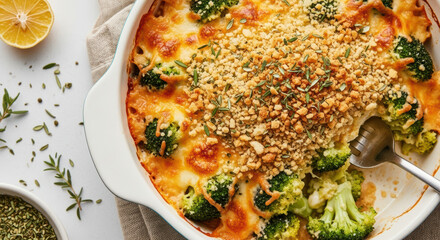 Freshly baked broccoli cheese casserole with golden crunchy topping served in ceramic dish, surrounded by herbs and lemon for healthy homemade meal presentation