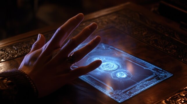 Hand interacting with glowing holographic tablet on ornate table