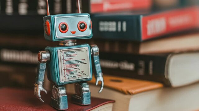 Cute retro robot on book stack with code screen, representing education and technology fusion